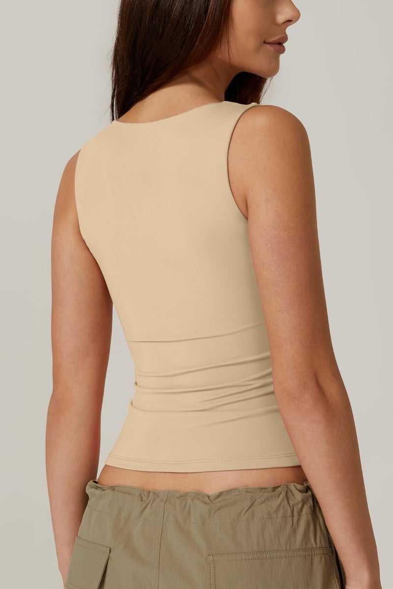 QINSEN Women's Square Neck Sleeveless Double-Layer Tank Tops Basic Tight T Shirts Tan S - Image 5