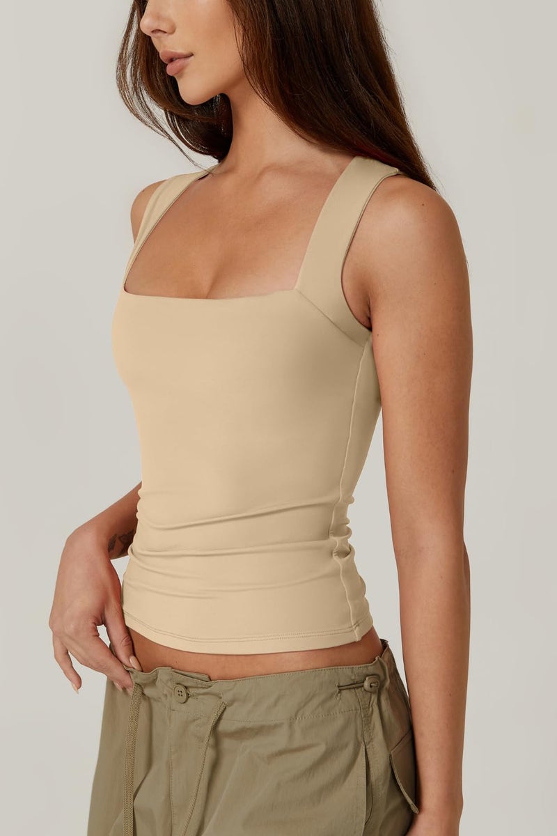 QINSEN Women's Square Neck Sleeveless Double-Layer Tank Tops Basic Tight T Shirts Tan S - Image 2