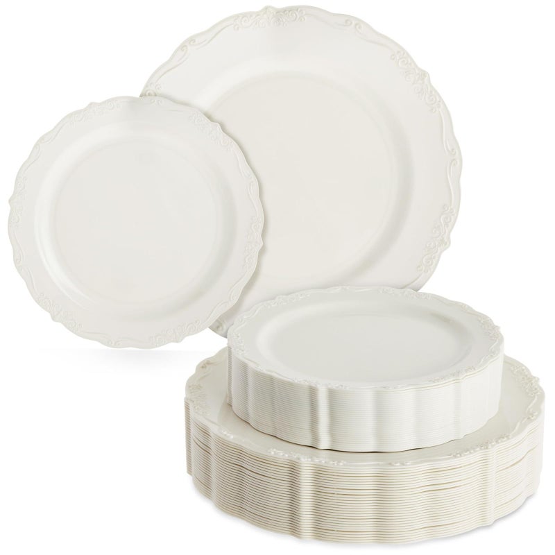 Sparkle and Bash Set of 60 Cream Plastic Plates Elegant Vintage Design for Party Supplies Weddings Disposable Versatile and Festive 30 Dinner Plate 98 30 Dessert Plate 75 2 Sizes 