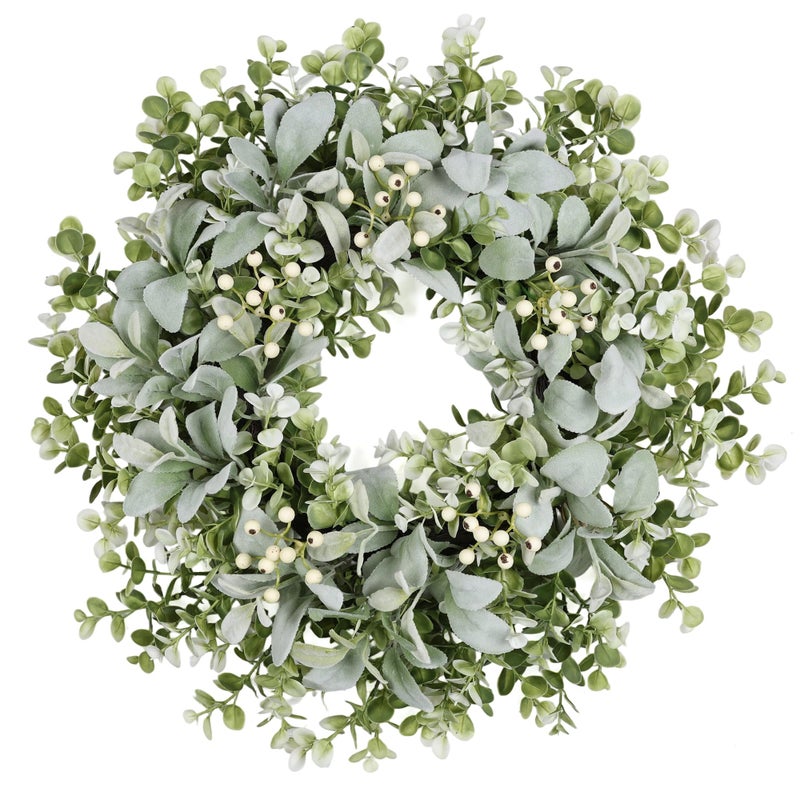 MDSTBN 26 Inch Large Lambs Ear Wreaths for Front Door Spring Summer Lambs Leaves with White Berries, Artificial Greenery for Farmhouse Porch Wall Living Room Home Widding Decor for All Seasons Wreaths - Image 1