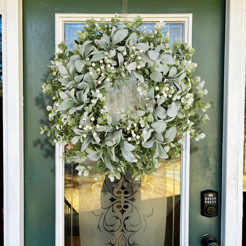 MDSTBN 26 Inch Large Lambs Ear Wreaths for Front Door Spring Summer Lambs Leaves with White Berries, Artificial Greenery for Farmhouse Porch Wall Living Room Home Widding Decor for All Seasons Wreaths - Image 4