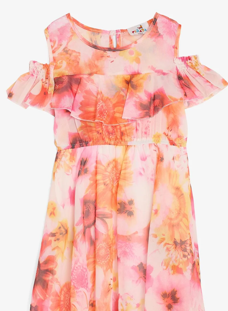 Pinata  Floral Print Cold Shoulder Frill Dress for Women | Best Price UAE
