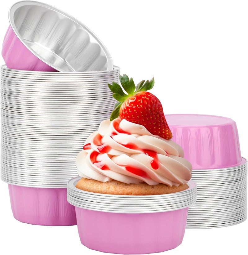 Beasea Aluminum Cups for Baking, 8 oz 100 Pack 3.9" 235ml Disposable Ramekins Bake Ramekin Cup Muffin Cupcake Baking Mini Pudding Cups for Party Wedding Birthday - Pink - Image 1