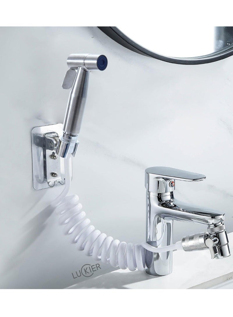 أكثر حظا صنبور بيديه محمول من الفولاذ المقاوم للصدأ للسفر، مجموعة شطاف معززة لتدفق المياه، خرطوم بطول 4 أمتار، نوعان من القواعد، مجموعة محولات. مناسب للمنزل/الفندق/التخييم/رعاية الأطفال - Image 3