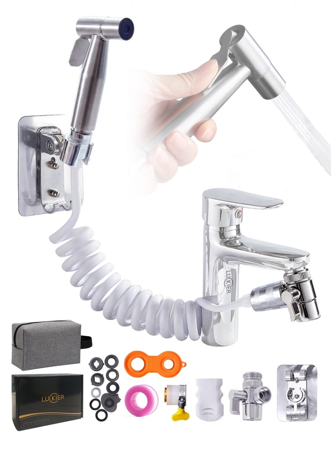 Stainless steel portable travel Shattaf portable bidet faucet, boosted water flow Shatafa kit, 4m hose, 2 types of bases, adapter kit. Suitable for home/hotel/camping/female/baby care