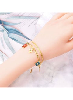 Trendy double-layer stainless steel bracelet with red and blue flower pendants