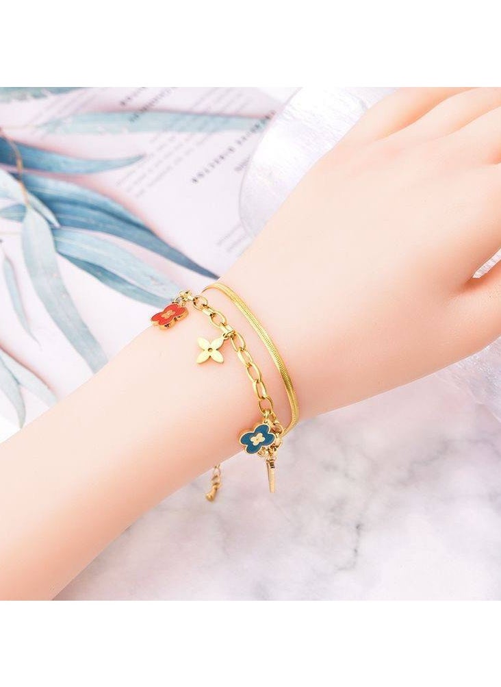Generic - Trendy double-layer stainless steel bracelet with red and blue flower pendants - Image 1