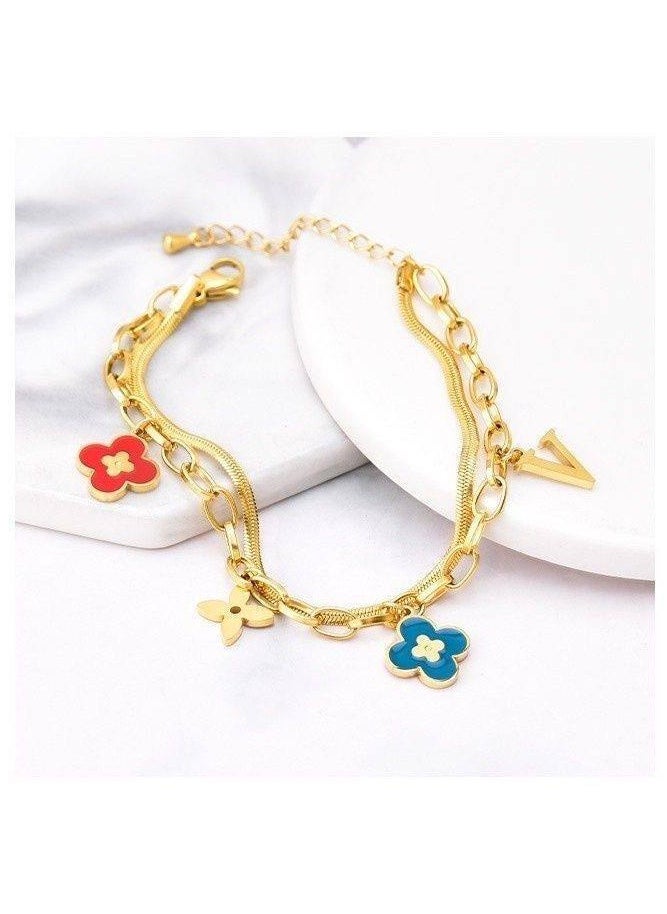 Generic - Trendy double-layer stainless steel bracelet with red and blue flower pendants - Image 1