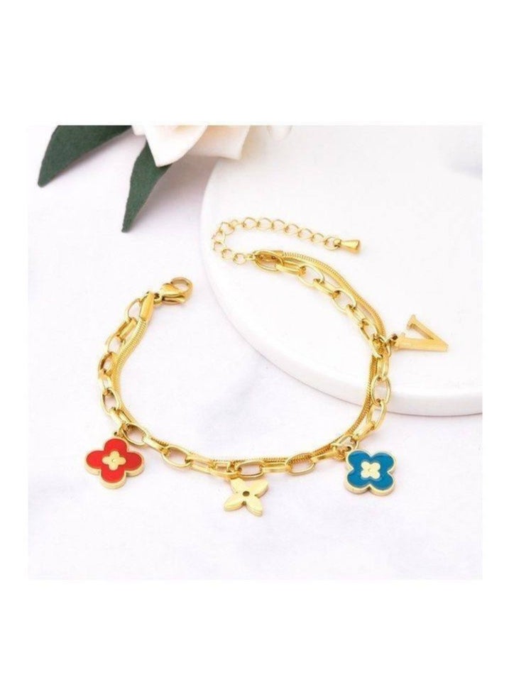Generic - Trendy double-layer stainless steel bracelet with red and blue flower pendants - Image 1