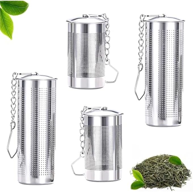 أكس سبرينج مصفاة شاي مكونة من 4 قطع للشاي السائب مع غطاء، مصفاة شاي من الفولاذ المقاوم للصدأ مع وصلة شبكية، مصفاة شاي أوراق سائبة لإبريق الشاي لمعظم أنواع الأكواب - Image 1