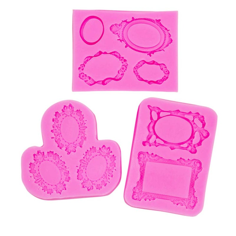 AUEAR Vintage Mirror Frame Silicone Mold Fondant Cake Decorating Tools for Sugarcraft Chocolate Polymer Clay 3 Pack