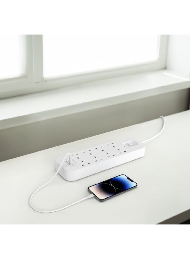 بيلكين 30 واط 8 اتجاهات 2 USB حماية من زيادة التيار الكهربائي، أبيض 2 مترBKN-SRB004AR2M - Image 3