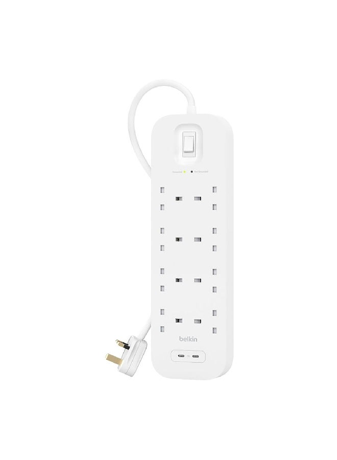 بيلكين 30 واط 8 اتجاهات 2 USB حماية من زيادة التيار الكهربائي، أبيض 2 مترBKN-SRB004AR2M - Image 1