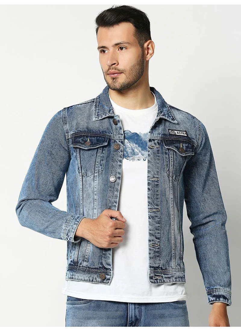 هاي ستار Men Blue Washed Denim Jacket