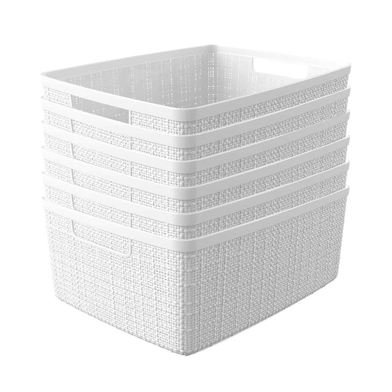 Curver Set of 6 Jute Medium Decorative Plastic Organization and Storage Baskets Perfect Bins for Home Office Closet Shelves Kitchen Pantry and All Bedroom Essentials White