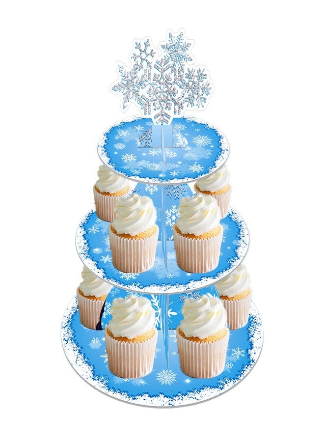 Lide Road 3-Tier Frozen Birthday Party Supplies Christmas Snowflake Cardboard Cupcake Stand Cake Tower Winter Wonderland Round Dessert Stand - Image 1
