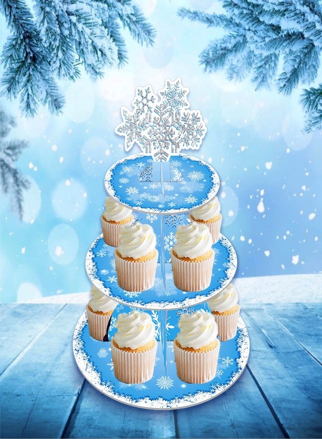 Lide Road 3-Tier Frozen Birthday Party Supplies Christmas Snowflake Cardboard Cupcake Stand Cake Tower Winter Wonderland Round Dessert Stand - Image 5