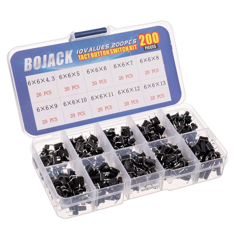 BOJACK 10 Values 200 Pcs 6x6 mm Tactile Pushbutton Switches 4 Pin Momentary Push Button Switches Assortment Kit - Image 2