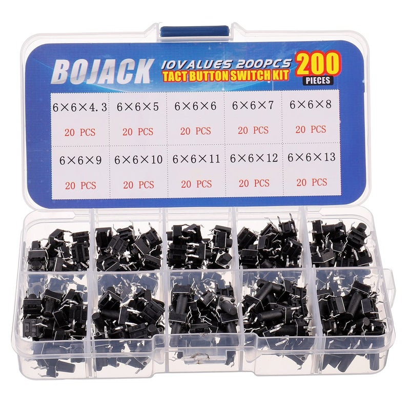 BOJACK 10 Values 200 Pcs 6x6 mm Tactile Pushbutton Switches 4 Pin Momentary Push Button Switches Assortment Kit - Image 1