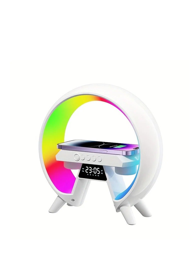 لايت مصباح طاولة ملون مكبر صوت بلوتوث مع شاحن لاسلكي LED ضوء ليلي وساعة منبه - Image 1