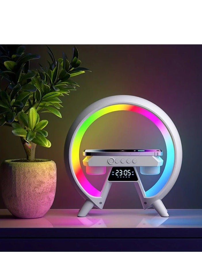لايت مصباح طاولة ملون مكبر صوت بلوتوث مع شاحن لاسلكي LED ضوء ليلي وساعة منبه - Image 2
