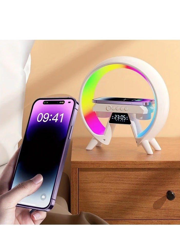 لايت مصباح طاولة ملون مكبر صوت بلوتوث مع شاحن لاسلكي LED ضوء ليلي وساعة منبه - Image 3