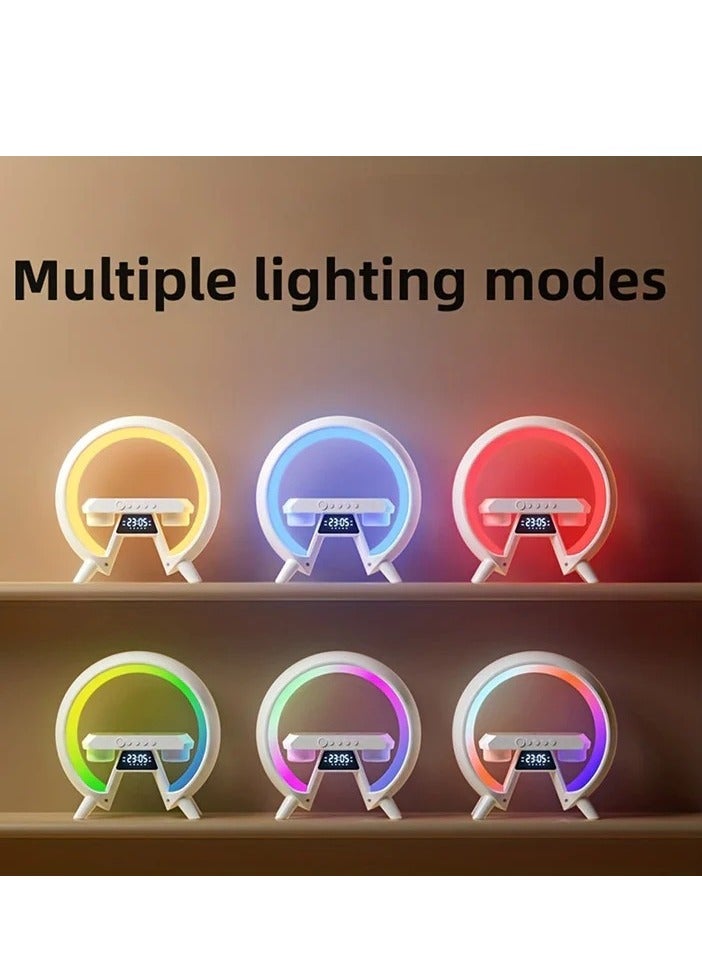 لايت مصباح طاولة ملون مكبر صوت بلوتوث مع شاحن لاسلكي LED ضوء ليلي وساعة منبه - Image 4