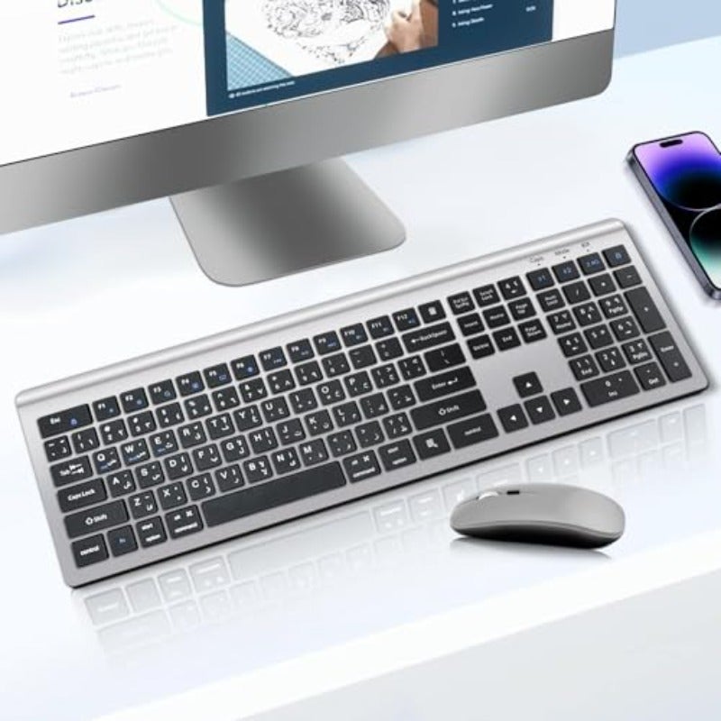 لوحة مفاتيح وفأرة لاسلكية عربية إنجليزية: بلوتوث قابلة لإعادة الشحن بسرعة 2.4 جيجاهرتز - لوحة مفاتيح وفأرة كاملة الحجم صامتة مع لوحة أرقام لنظامي iOS وويندوز أندرويد - ل MacBook Air وiPad وiPhone وكمبيوتر محمول - Image 1
