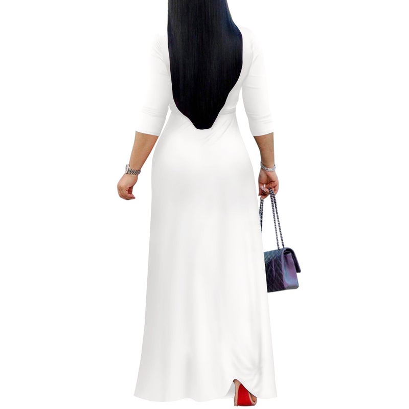 FANDEE Women's 2026 Maxi Dress - Solid Color Bohemian Summer Long Maxi Dress V-Neck 3/4 Sleeve White XL - Image 4
