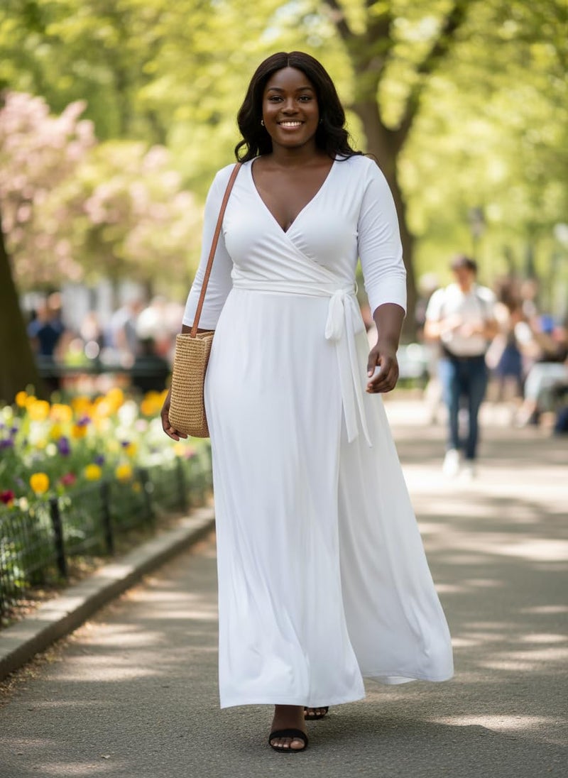 FANDEE Women's 2026 Maxi Dress - Solid Color Bohemian Summer Long Maxi Dress V-Neck 3/4 Sleeve White XL - Image 3