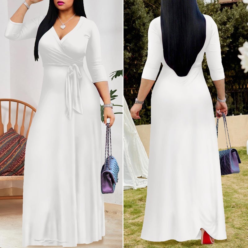 FANDEE Women's 2026 Maxi Dress - Solid Color Bohemian Summer Long Maxi Dress V-Neck 3/4 Sleeve White XL - Image 5