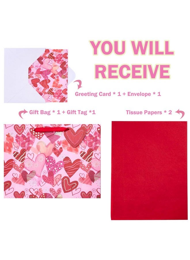 WRAPAHOLIC 13" Large Valentine'S Day Gift Bag With Card And Tissue Paper Sweet Heart With Gold Foil - Image 3