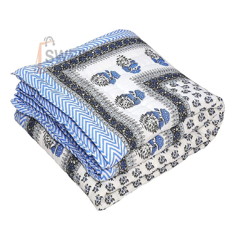 LOARSHY Pure Cotton Floral Printed Quilt/Razai | Lightweight and Warm Jaipuri Rajasthani Single Bed Razai | Soft Razai for Winters (Blue, Pack of 1) - Image 3