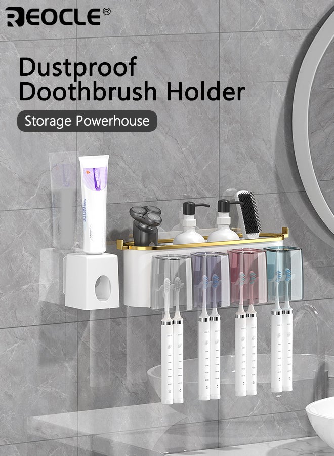 REOCLE Wall-Mounted Toothbrush Holder with Gargle Cup Space-Saving Bathroom Organizer for Toothpaste & Brushes Durable Plastic Storage Rack for Sink Countertop - Image 1