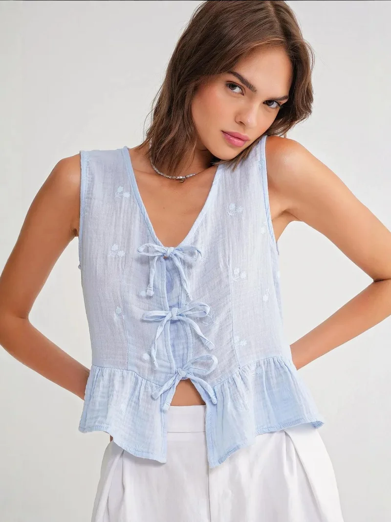 MixRay Mixray Textured V-Neck Crop Blouse with Bow