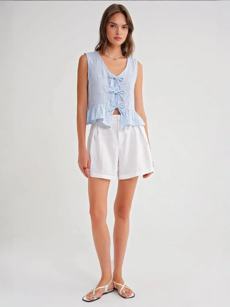 MixRay Mixray Textured V-Neck Crop Blouse with Bow