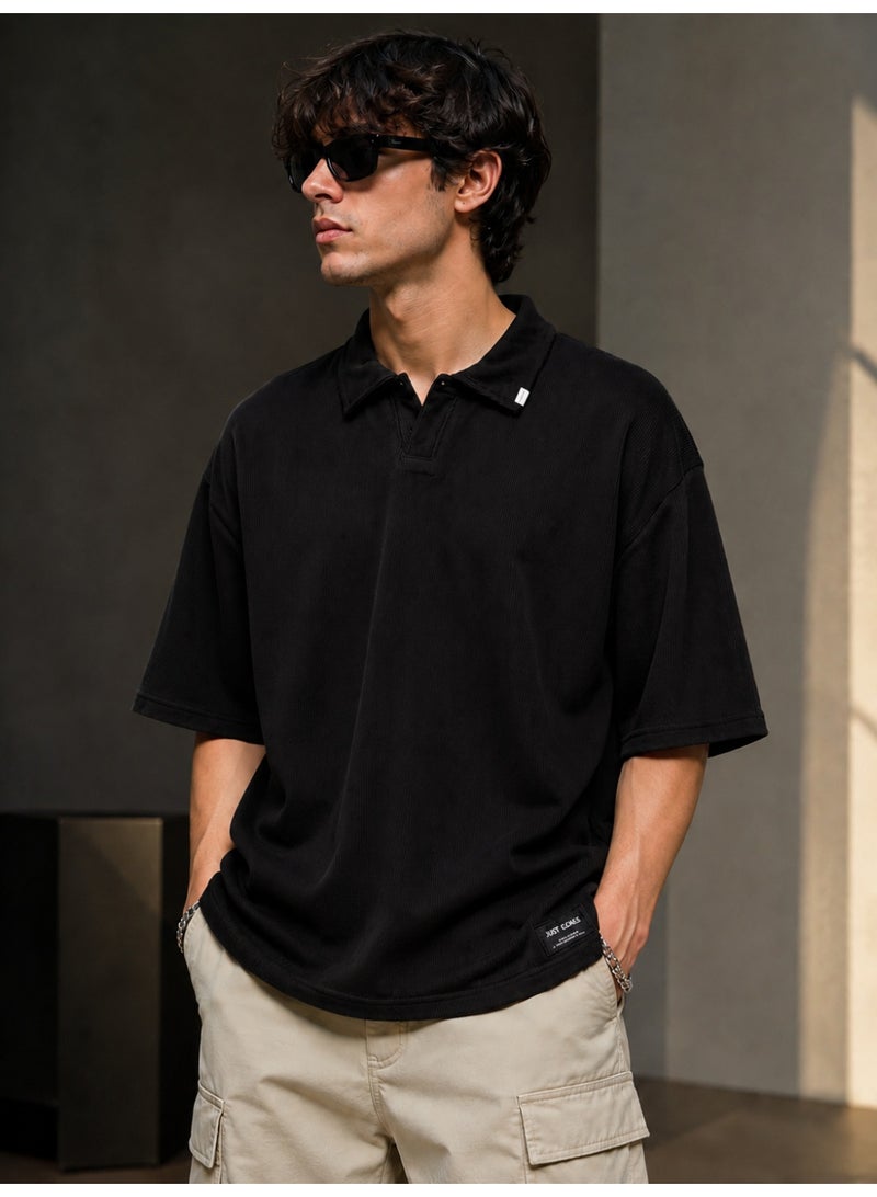 Oversized Ribbed Polo T-Shirt for Men - Black - Image 1