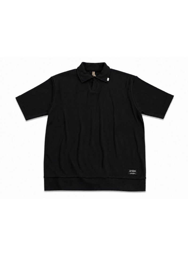 Oversized Ribbed Polo T-Shirt for Men - Black - Image 5