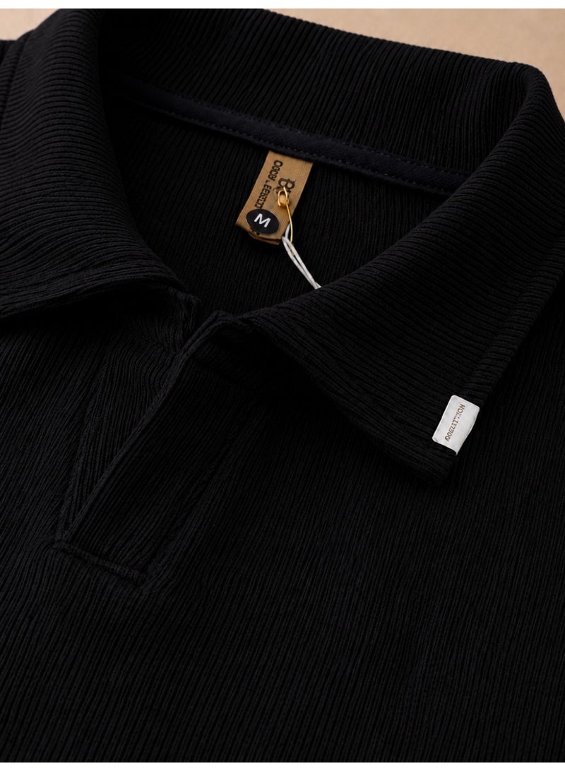 Oversized Ribbed Polo T-Shirt for Men - Black - Image 4