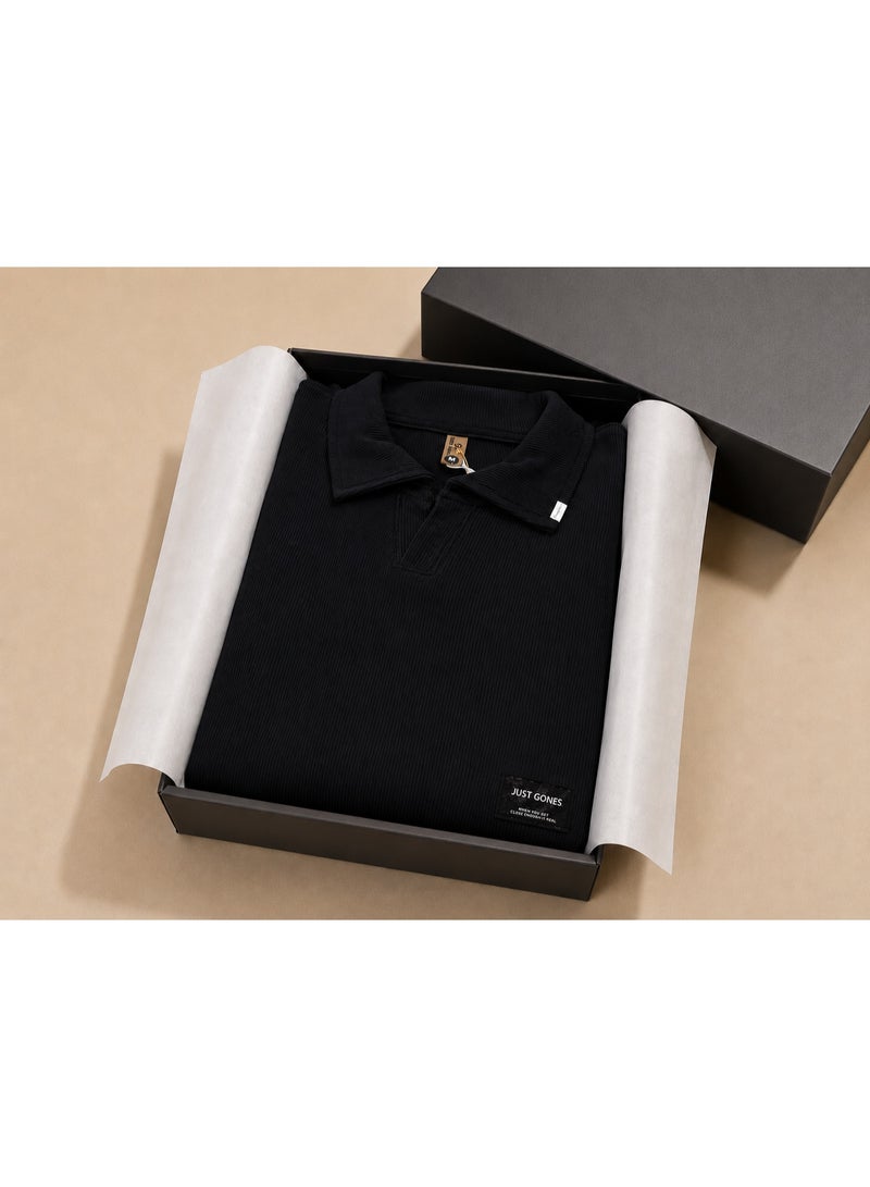 Oversized Ribbed Polo T-Shirt for Men - Black - Image 3