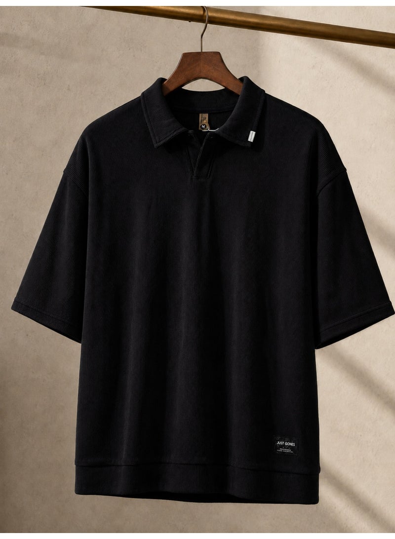 Oversized Ribbed Polo T-Shirt for Men - Black - Image 2