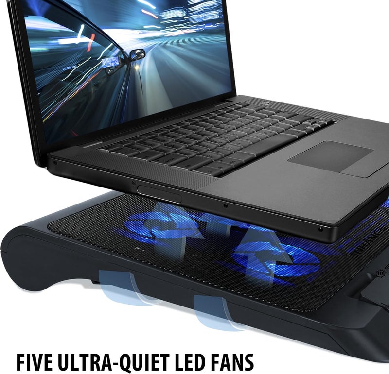 ENHANCE Gaming Laptop Cooling Pad Stand with LED Cooler Fans , Adjustable Height , & Dual USB Port for 17 inch Laptops - 5 Ultra Quiet High Performance Fans 2630 RPM & Built-In Bumpers - Blue - Image 3