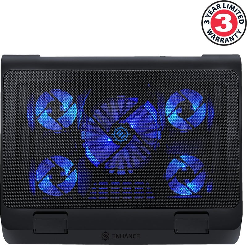 ENHANCE Gaming Laptop Cooling Pad Stand with LED Cooler Fans , Adjustable Height , & Dual USB Port for 17 inch Laptops - 5 Ultra Quiet High Performance Fans 2630 RPM & Built-In Bumpers - Blue - Image 2