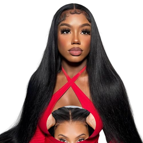 mengkai 32 Inch Glueless Wigs Human Hair Pre Plucked Pre Cut HD Lace Front Wigs Straight Lace Front Wigs Human Hair Wear Go Glueless Straight 6X4 HD Closure Wigs Human Hair For Women - Image 1