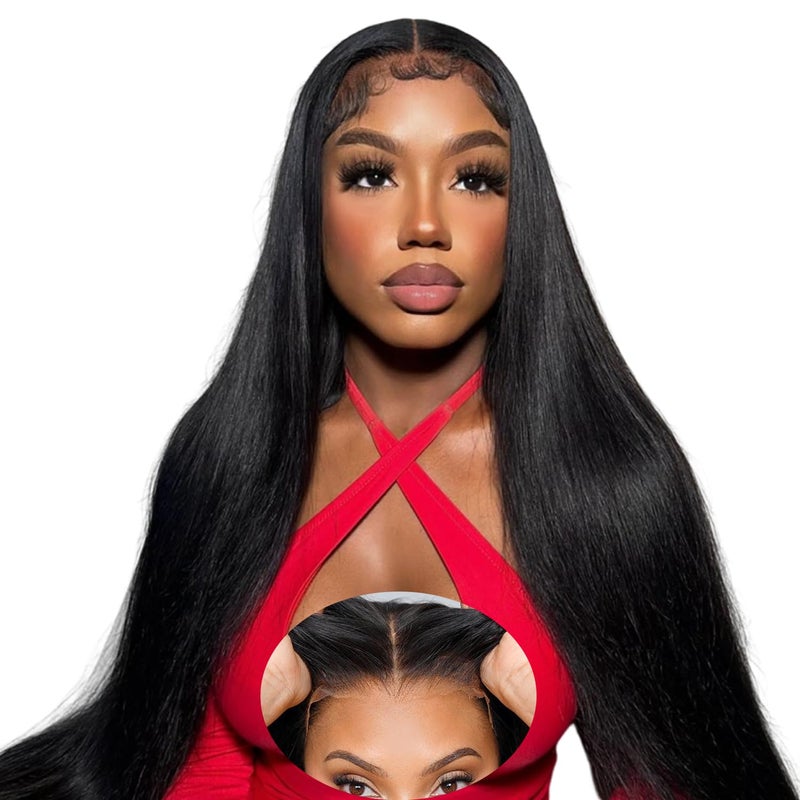 mengkai 32 Inch Glueless Wigs Human Hair Pre Plucked Pre Cut HD Lace Front Wigs Straight Lace Front Wigs Human Hair Wear Go Glueless Straight 6X4 HD Closure Wigs Human Hair For Women - Image 2