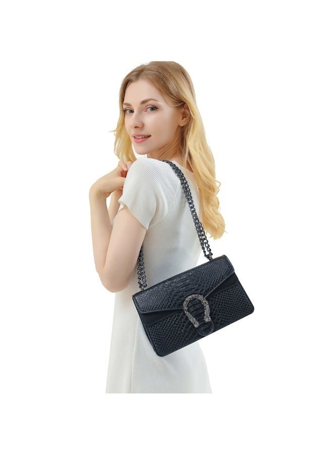 DEEPMEOW Crossbody Shoulder Evening Bag for Women - Snake Printed Leather Messenger Bag Chain Strap Clutch Square Satchel Purse A-black, M - Image 2