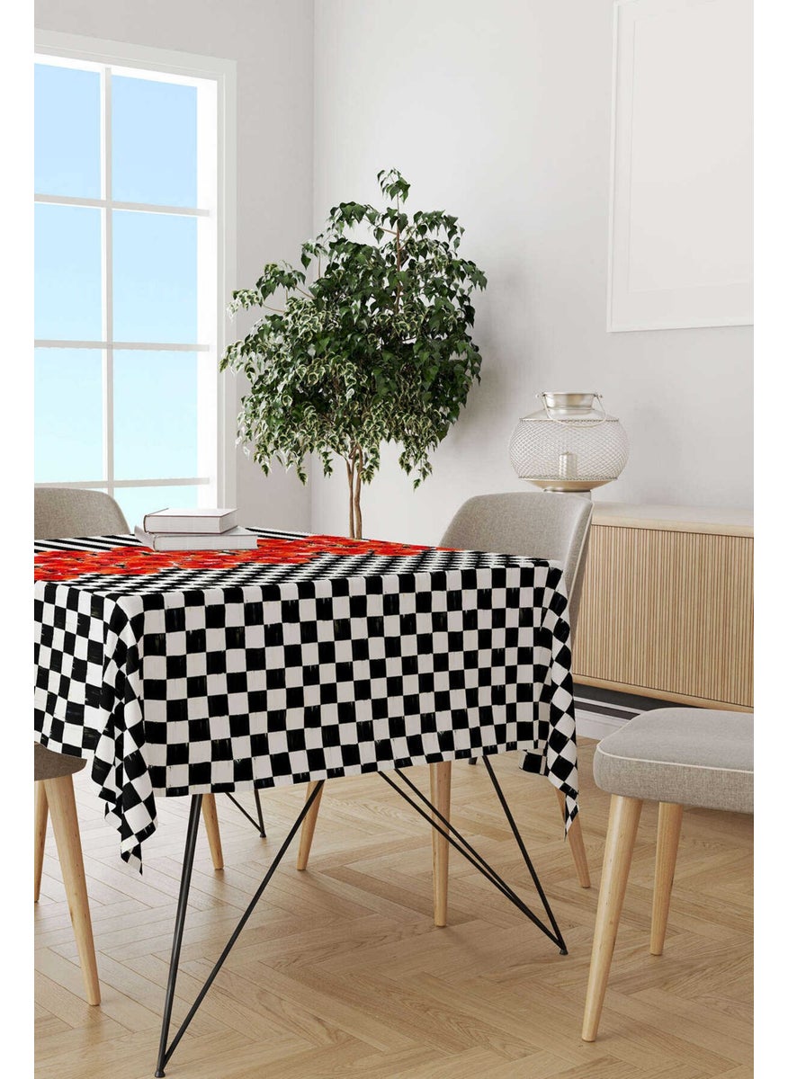 Cango Home - Red Black Checkered Striped Floral Patterned Digital Printed Tablecloth CGH1073-MS - Image 1