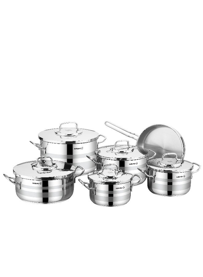 Korkmaz Astron Stainless Steel Cookware Set 11 Pieces | Stainless Steel Tri-Ply Sandwich Base | Induction Compatible Cooking Set | Pots and Pans Set for Kitchen | Silver - KA2052 - Image 1