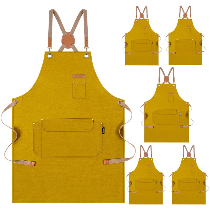 Genixart Chef Apron for Men Women with Pockets Canvas Aprons for Kitchen Cooking Artist Painting Work Apron for Server Yellow 6 Pack - Image 2