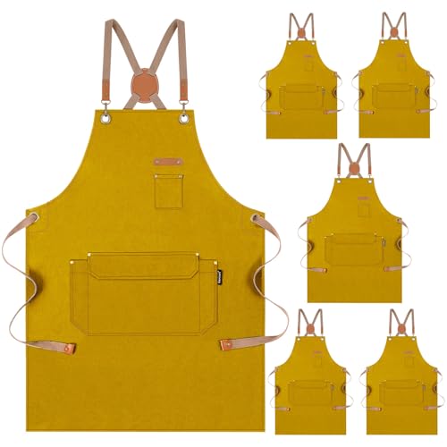 Genixart Chef Apron for Men Women with Pockets Canvas Aprons for Kitchen Cooking Artist Painting Work Apron for Server Yellow 6 Pack - Image 1